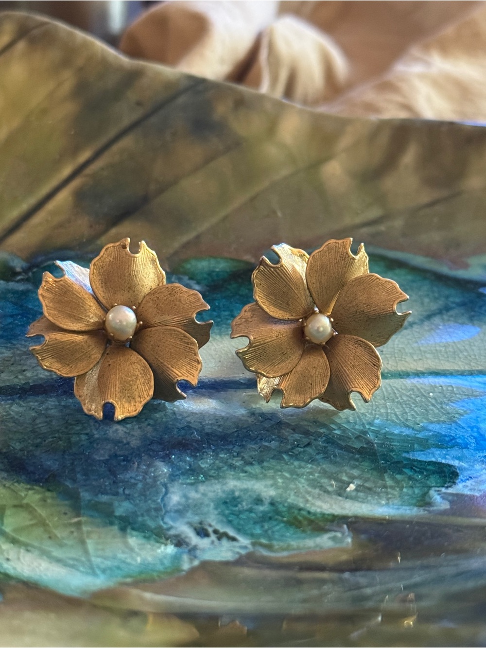 STAR Gold-Tone Floral Earrings with Pearl Center - Women’s Jewelry